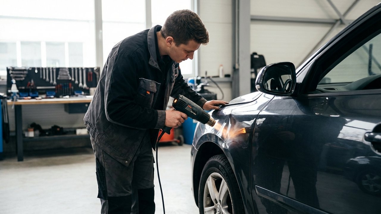 Chauffage d'une aile de voiture au décapeur thermique avant redressage