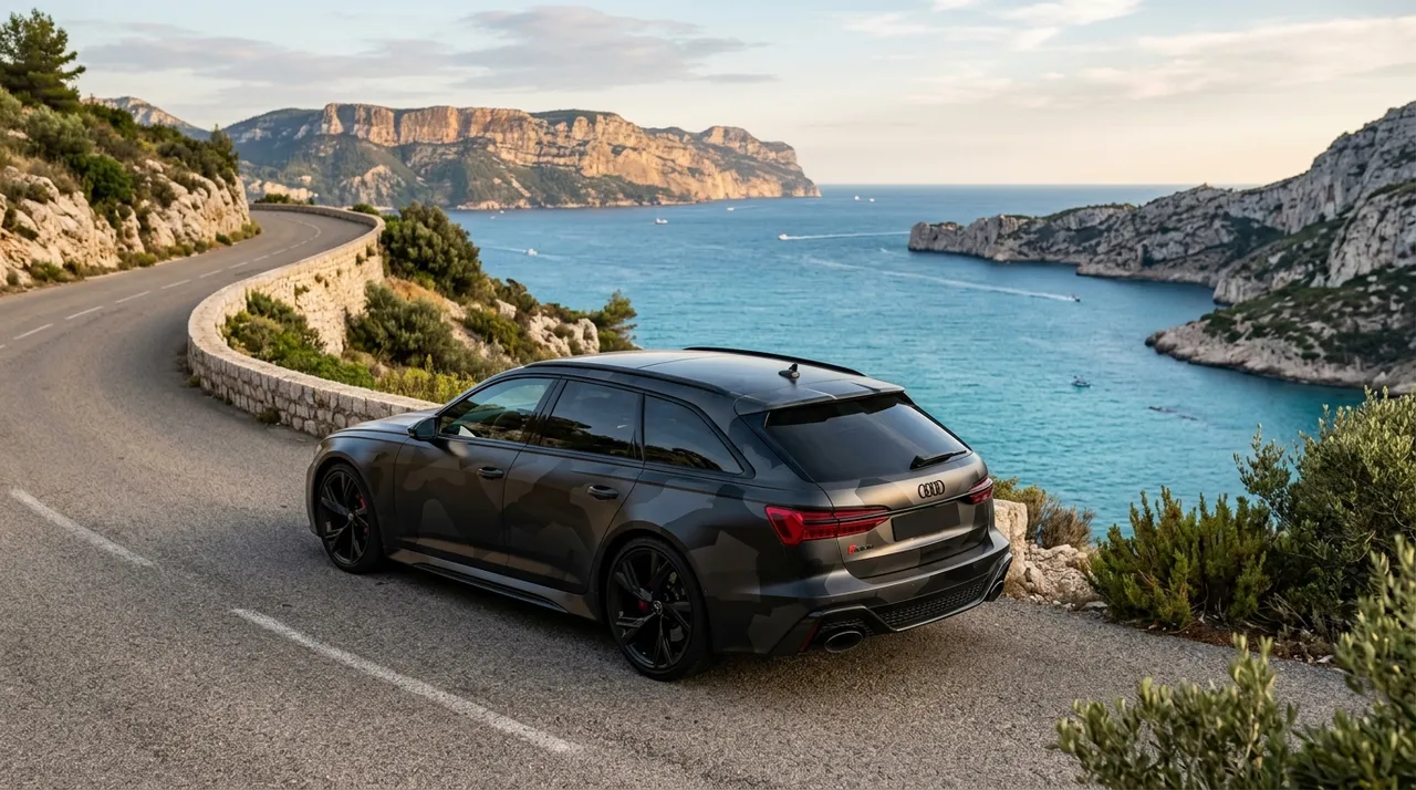 Audi RS6 avec covering camouflage, voiture emblématique de GMK