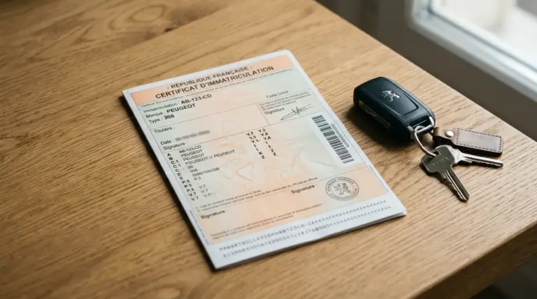 Carte grise française posée sur un bureau avec clés de voiture