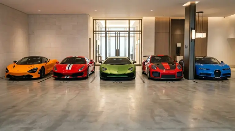 Collection de supercars dans un garage souterrain de luxe
