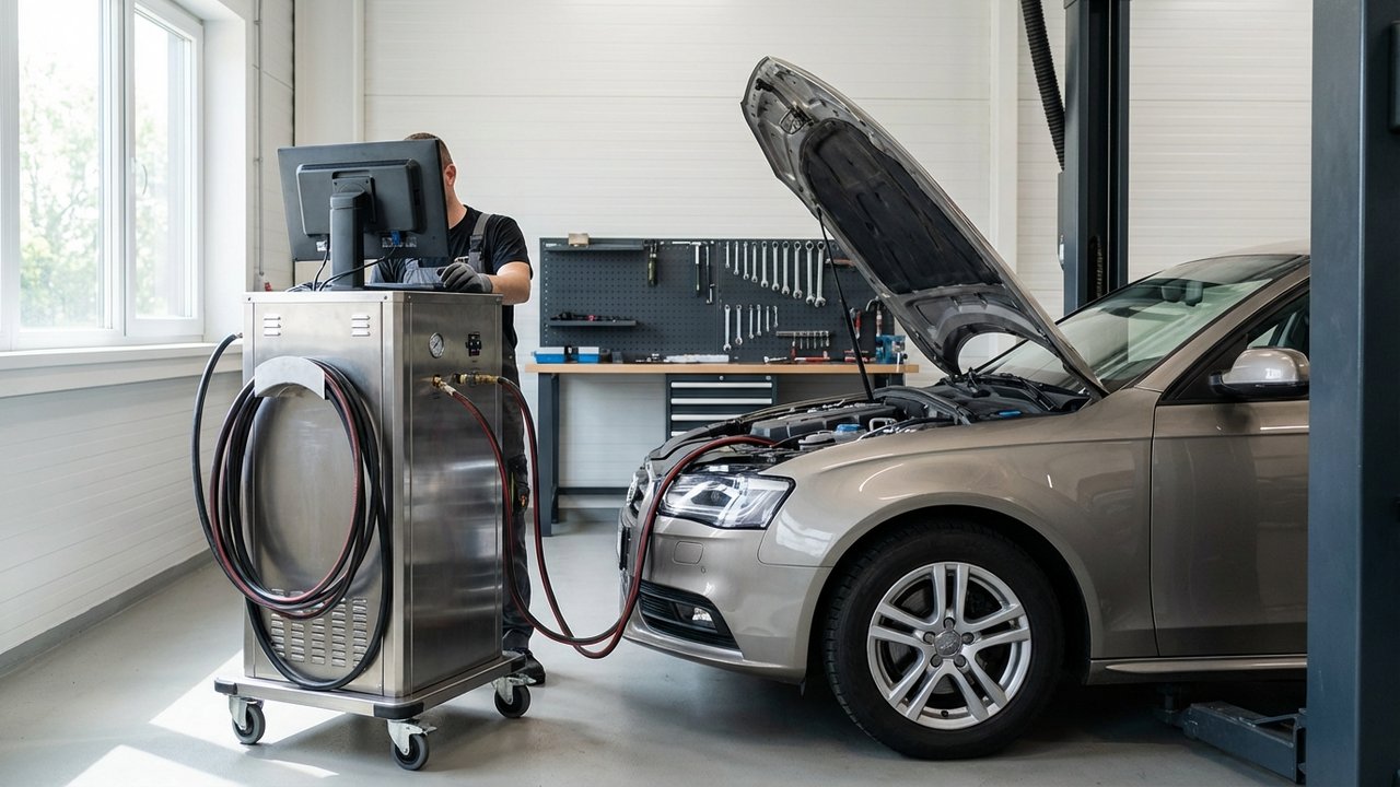 Machine de décalaminage à l'hydrogène branchée sur un moteur en garage