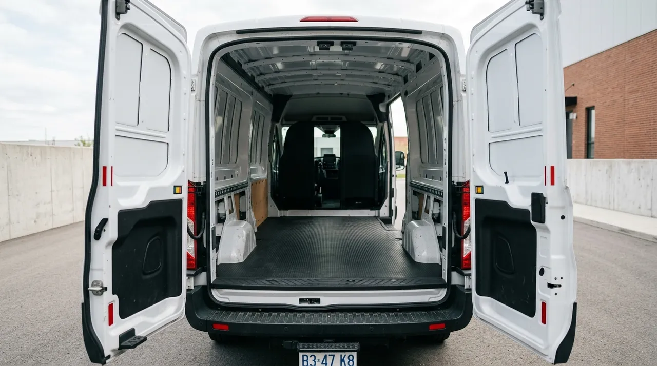 Portes arrière ouvertes d'un fourgon utilitaire prêt au chargement