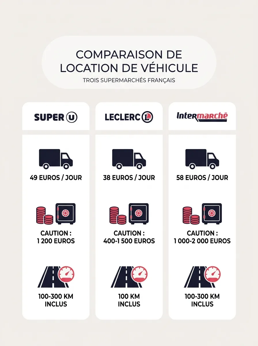 Infographie : comparatif location utilitaire Super U, Leclerc et Intermarché