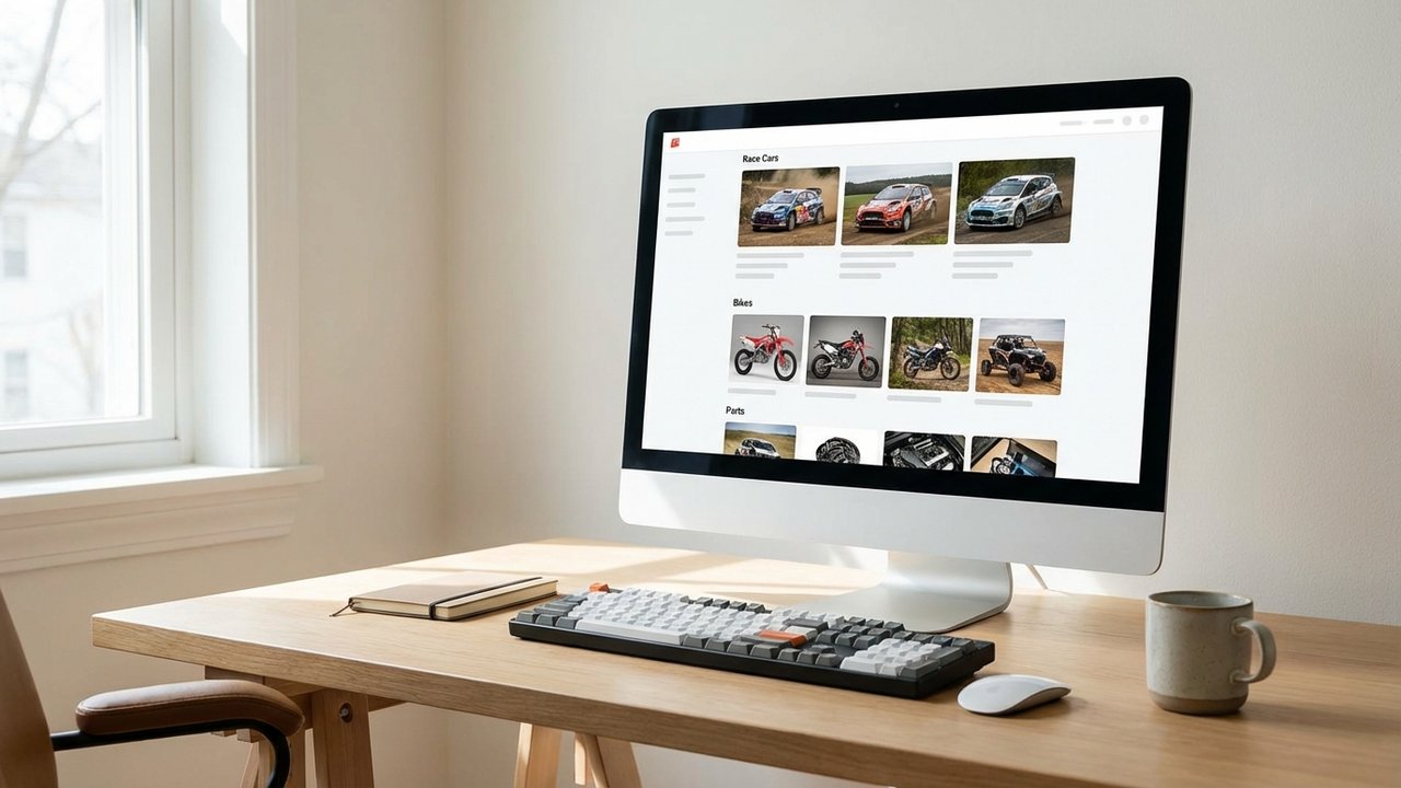 Interface de la plateforme Mikado Racing avec annonces de véhicules de compétition