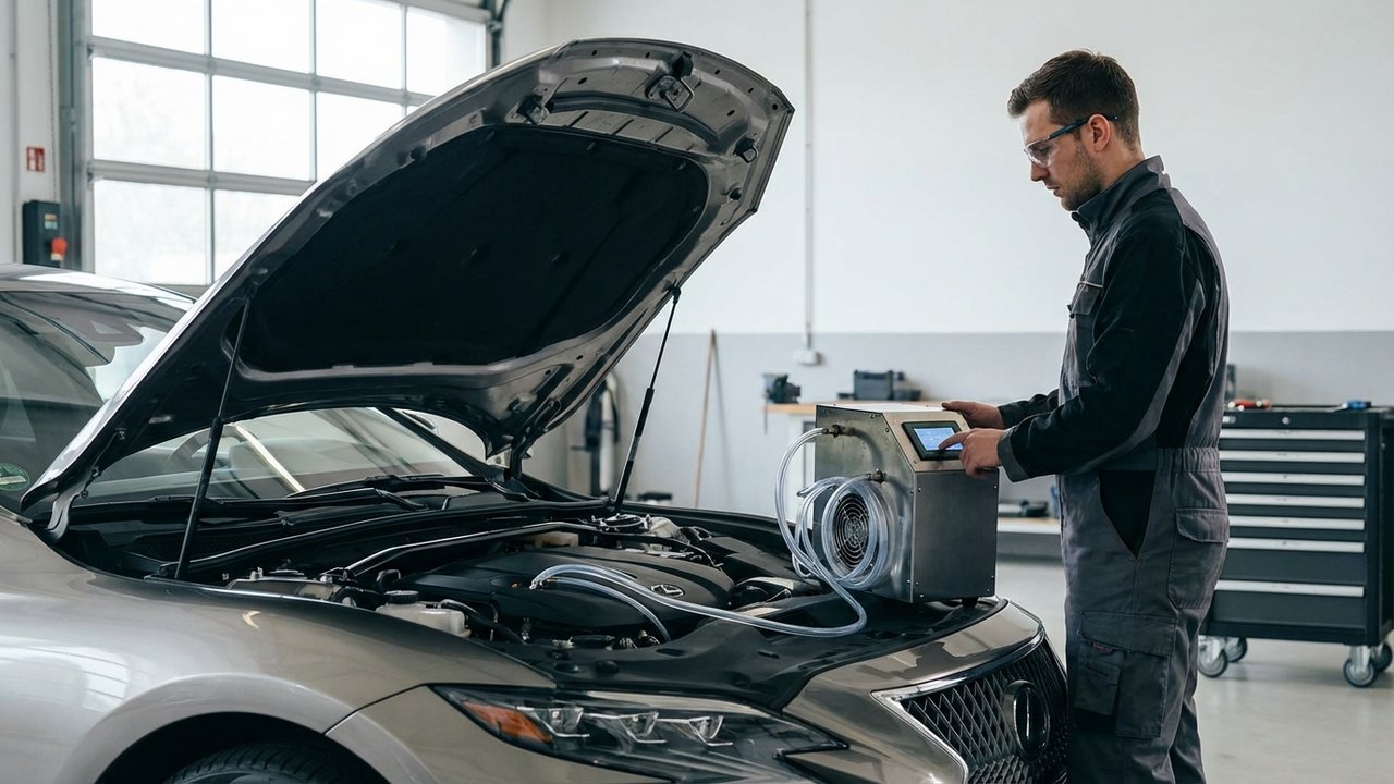 Machine décalaminage HHO connectée au moteur pour nettoyer le turbo