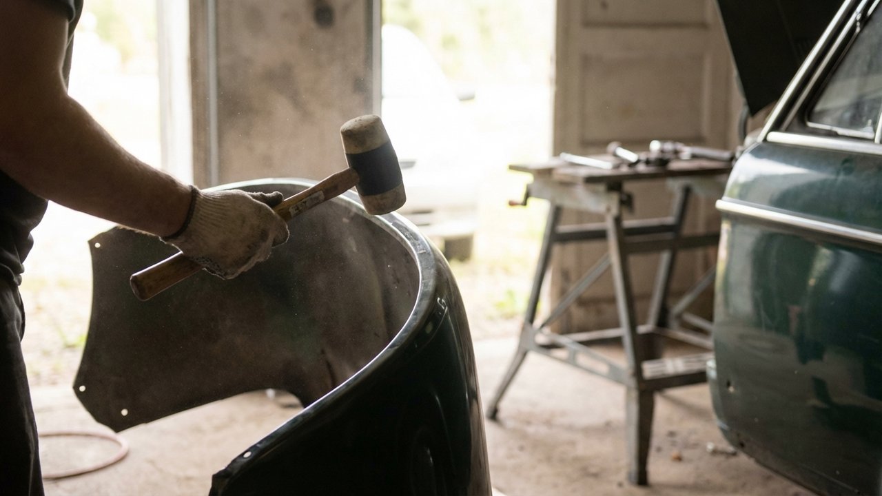 Martelage délicat de l'intérieur du passage de roue pour redresser une aile