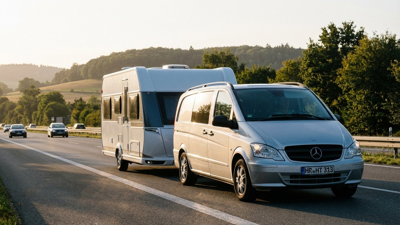 Mercedes Vito tractant une caravane sur la route