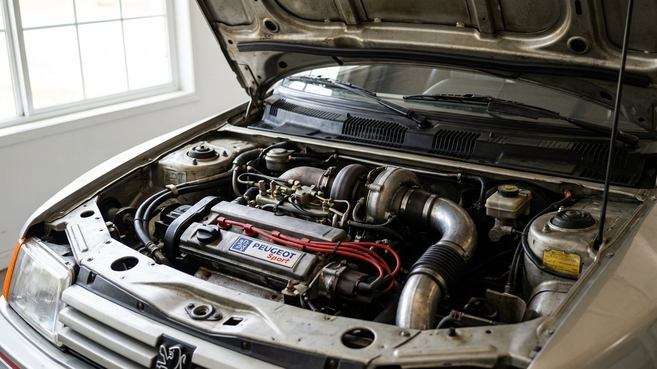 Moteur turbocompressé 4-cylindres de la Peugeot 205 Turbo 16 en position centrale-arrière