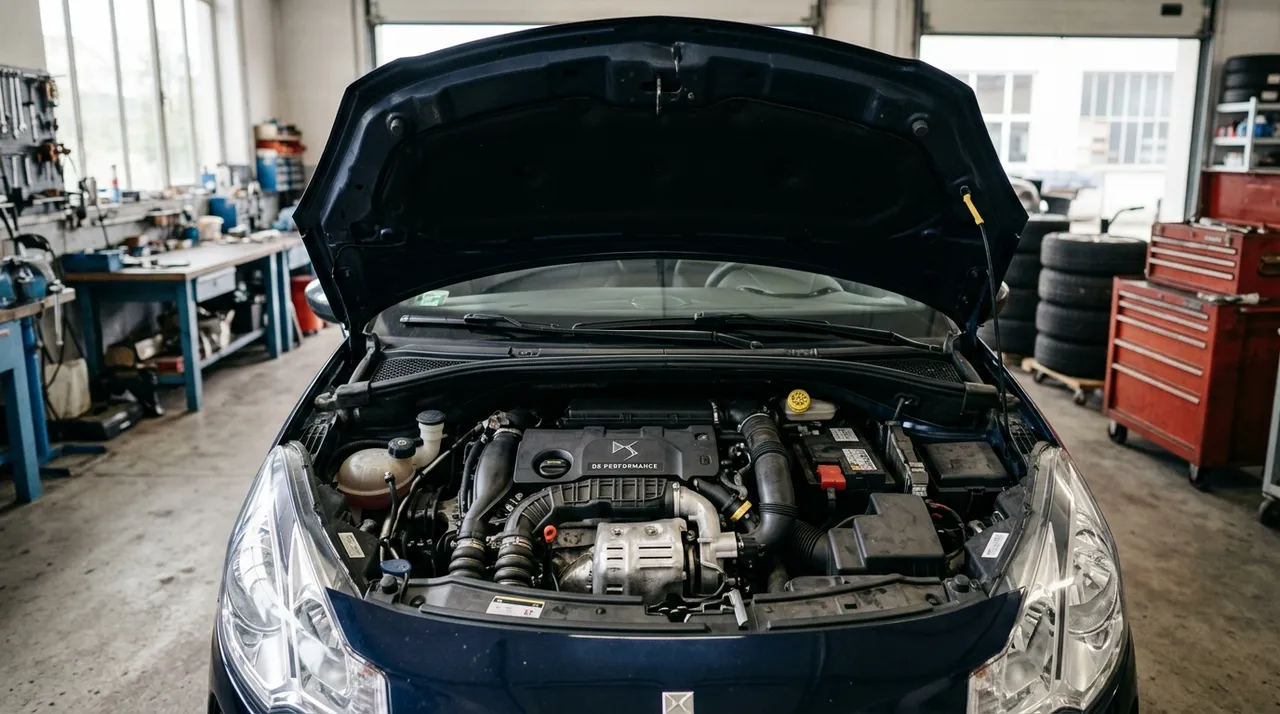 Moteur DS sous le capot dans un atelier mécanique