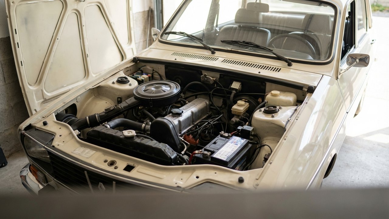 Moteur 4 cylindres de la Renault 12 sedan dans le compartiment moteur