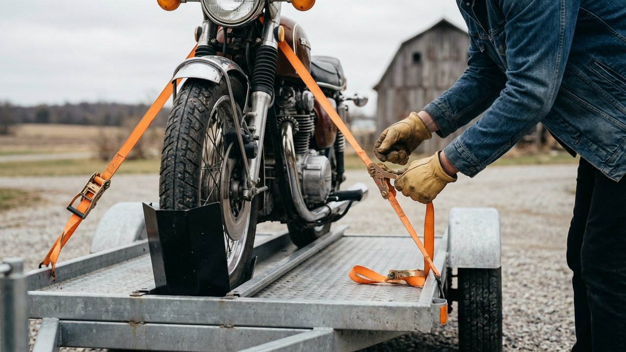 Arrimage d'une moto sur une remorque avec sangles à cliquet