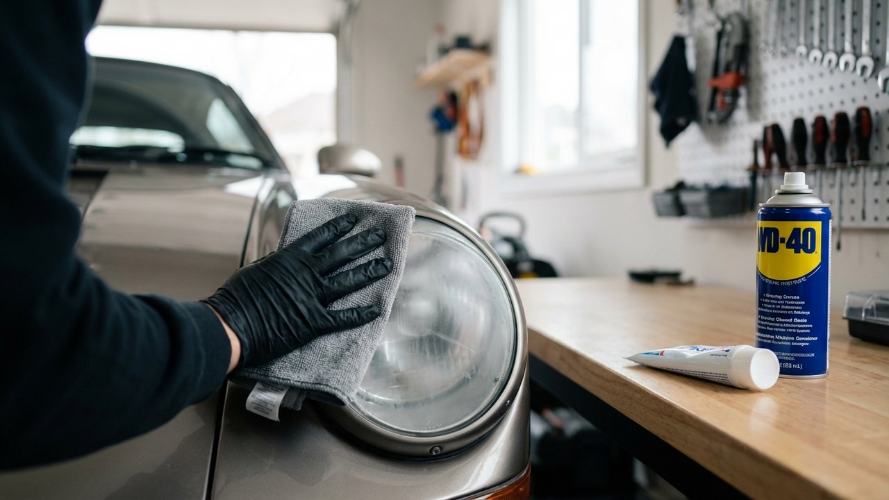 Nettoyage d'un phare avec dentifrice blanc et chiffon microfibre