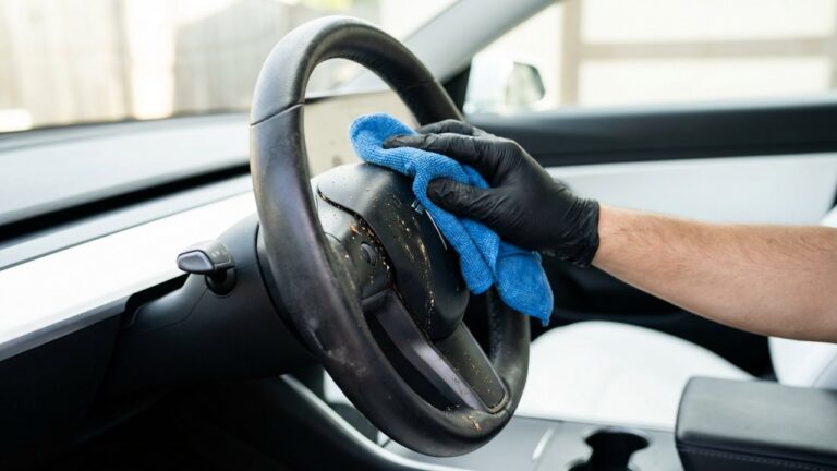 Nettoyage d'un volant qui colle avec un chiffon microfibre