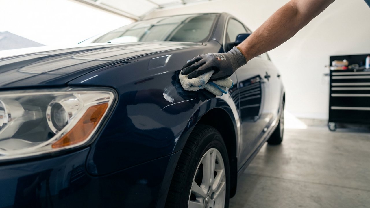Application de polish pour enlever une rayure sur la carrosserie