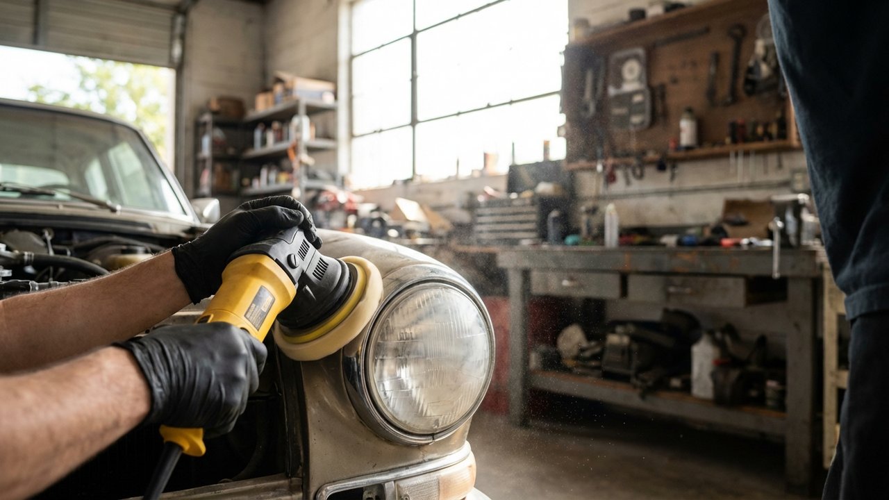 Polissage d'un phare de voiture avec une polisseuse orbitale