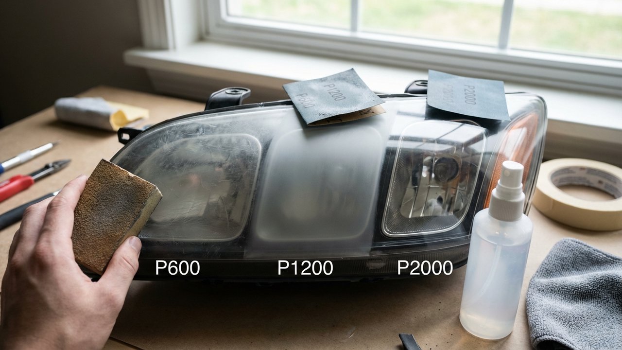 Ponçage progressif d'un phare de voiture avec différents grains