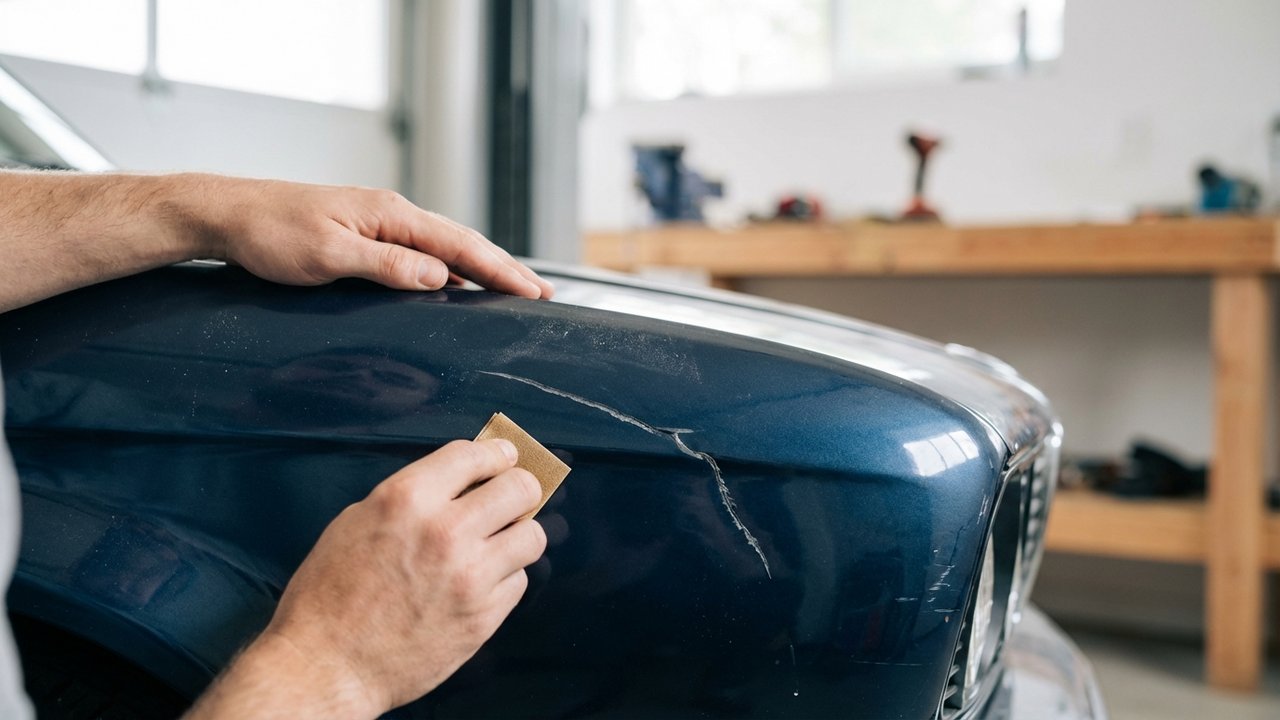 Ponçage d'une rayure profonde sur la peinture d'une voiture