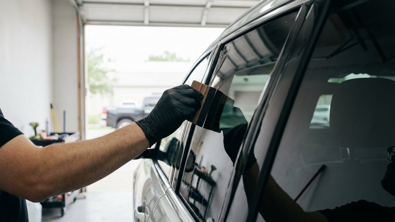 Application d'un film teinté sur une vitre de voiture avec raclette