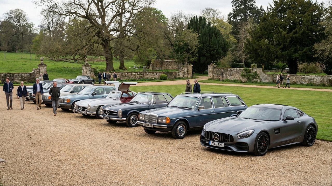 Plusieurs Mercedes alignées lors d'un rassemblement de voyageurs