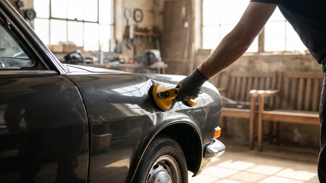 Redressage d'une bosse sur aile de voiture avec ventouse