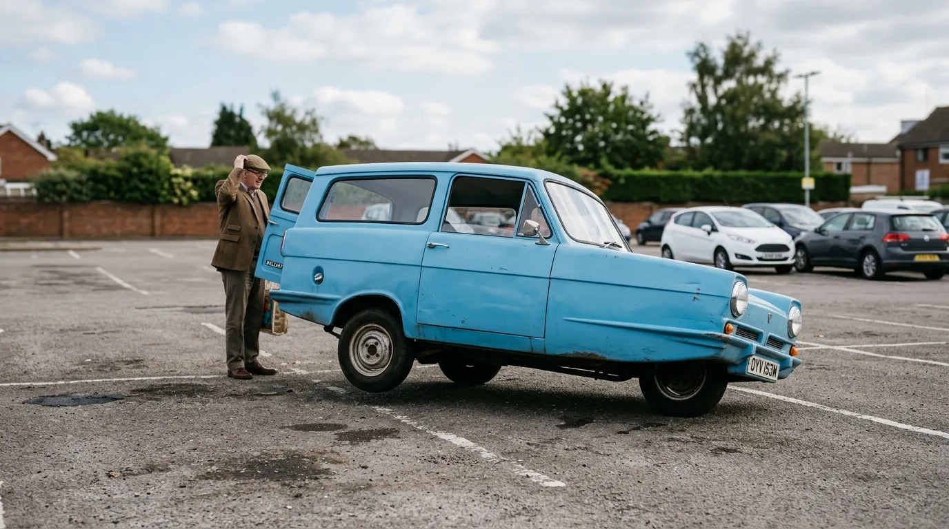Reliant Regal trois roues renversée dans Mr Bean