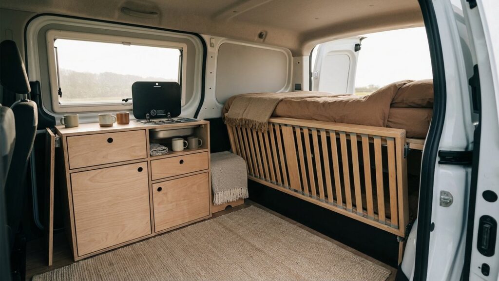 Intérieur du Dacia Sandman avec lit escamotable et kitchenette modulable