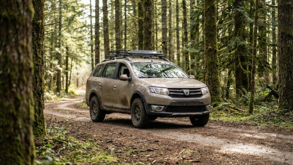 Dacia Sandman sur chemin forestier, montrant ses capacités tout-terrain