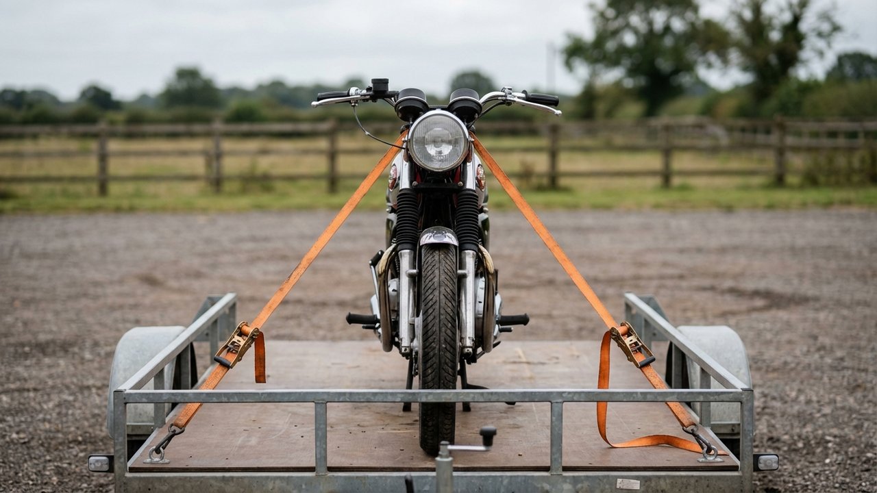 Fixation des sangles avant d'une moto à 45 degrés sur remorque