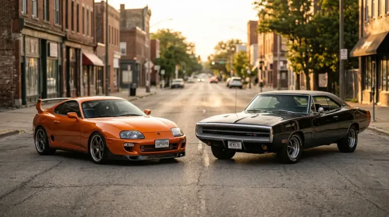 Toyota Supra MK IV orange et Dodge Charger R/T noire garées côte à côte sur une rue urbaine déserte au coucher du soleil