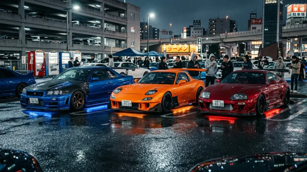 Rassemblement nocturne de voitures tuning sur un parking urbain