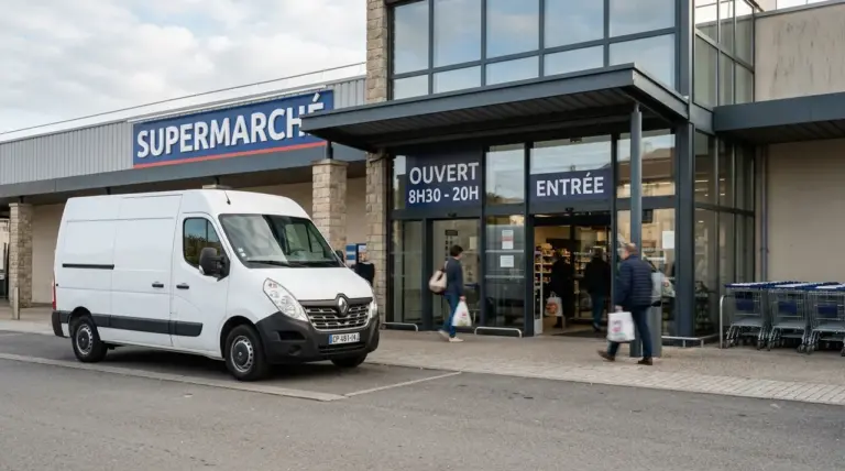 Utilitaire de location garé devant un supermarché