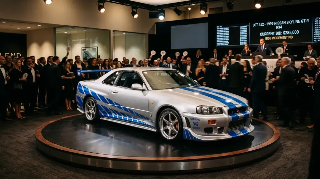 Nissan Skyline GT-R R34 bleu et argent dans une salle de ventes aux enchères