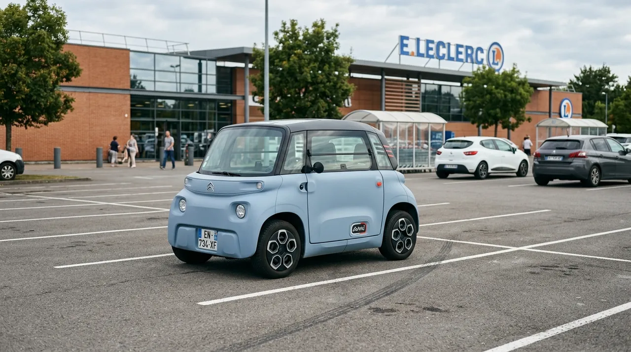 Voiture sans permis garée sur un parking de supermarché