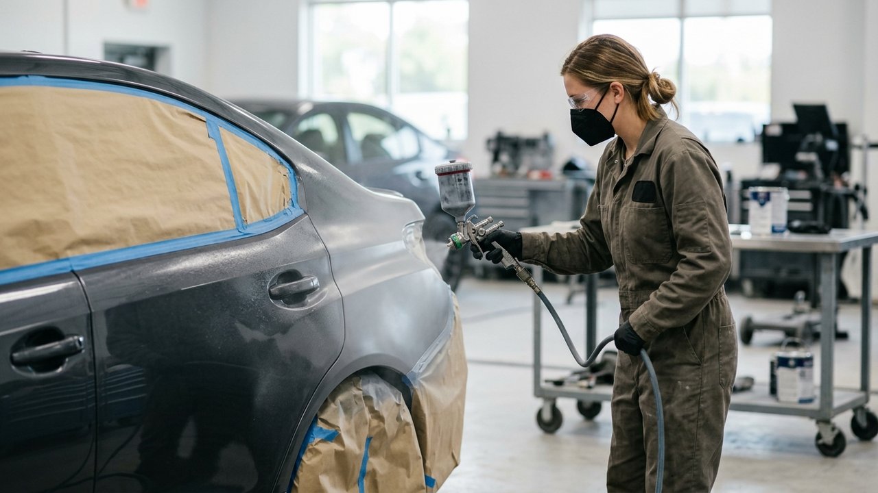 Application de vernis et peinture sur une zone de carrosserie réparée