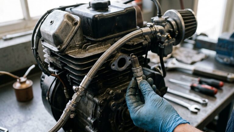 Bougie sèche et durite d'arrivée d'essence sur petit moteur