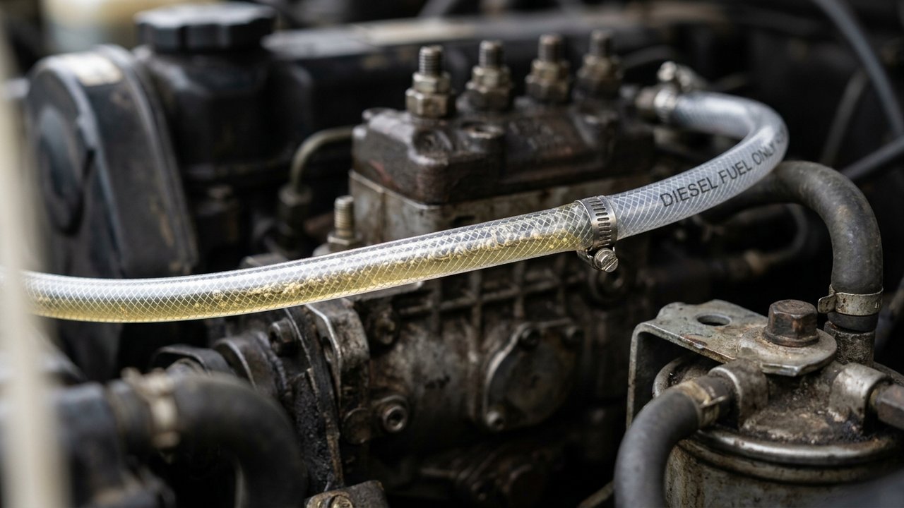 Durite de gasoil transparente avec bulles d'air révélant une prise d'air