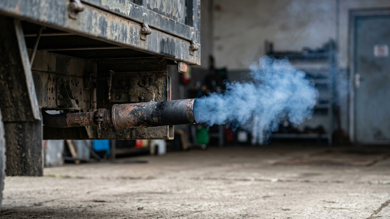 Fumée bleue à l'échappement d'un moteur diesel en surcharge huileuse