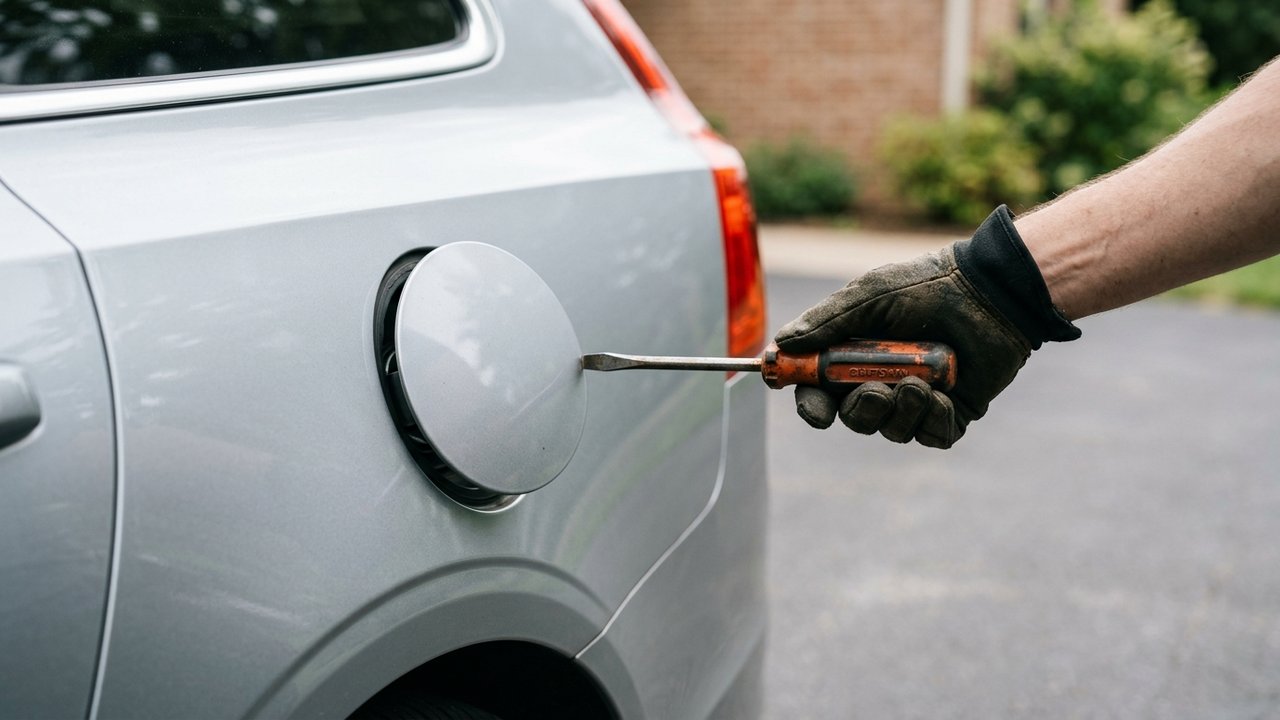 Déblocage délicat d'une trappe à carburant avec tournevis plat
