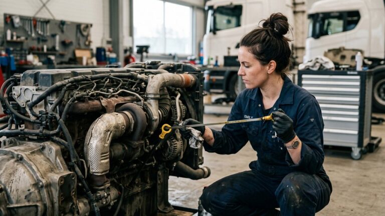 Vérification du niveau d'huile sur la jauge d'un moteur diesel