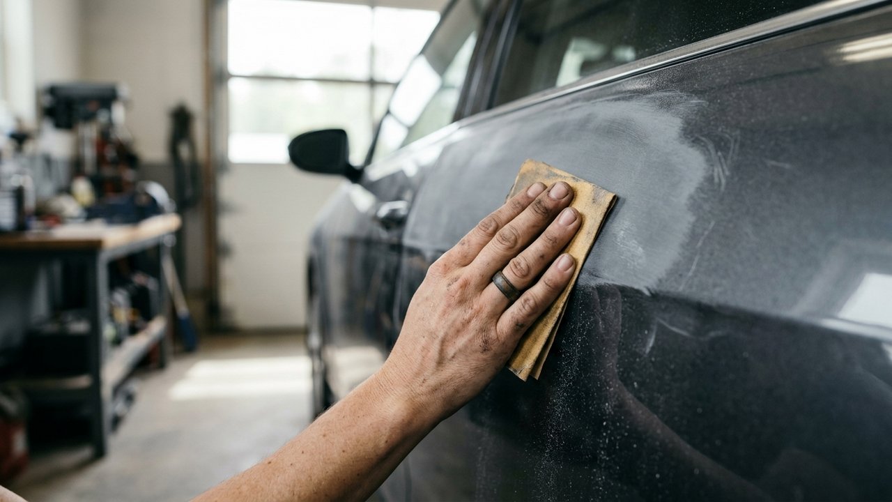 Ponçage d'une zone de carrosserie avant retouche de peinture