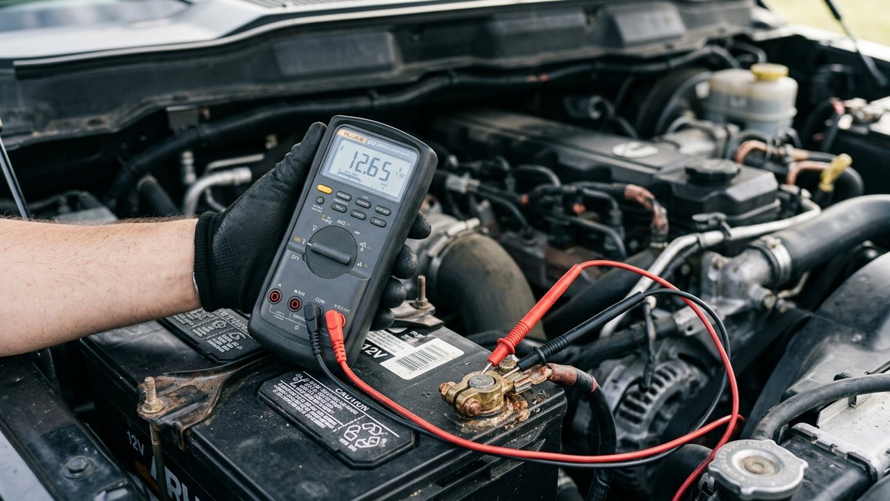 Contrôle de la tension de batterie au multimètre sur un moteur diesel