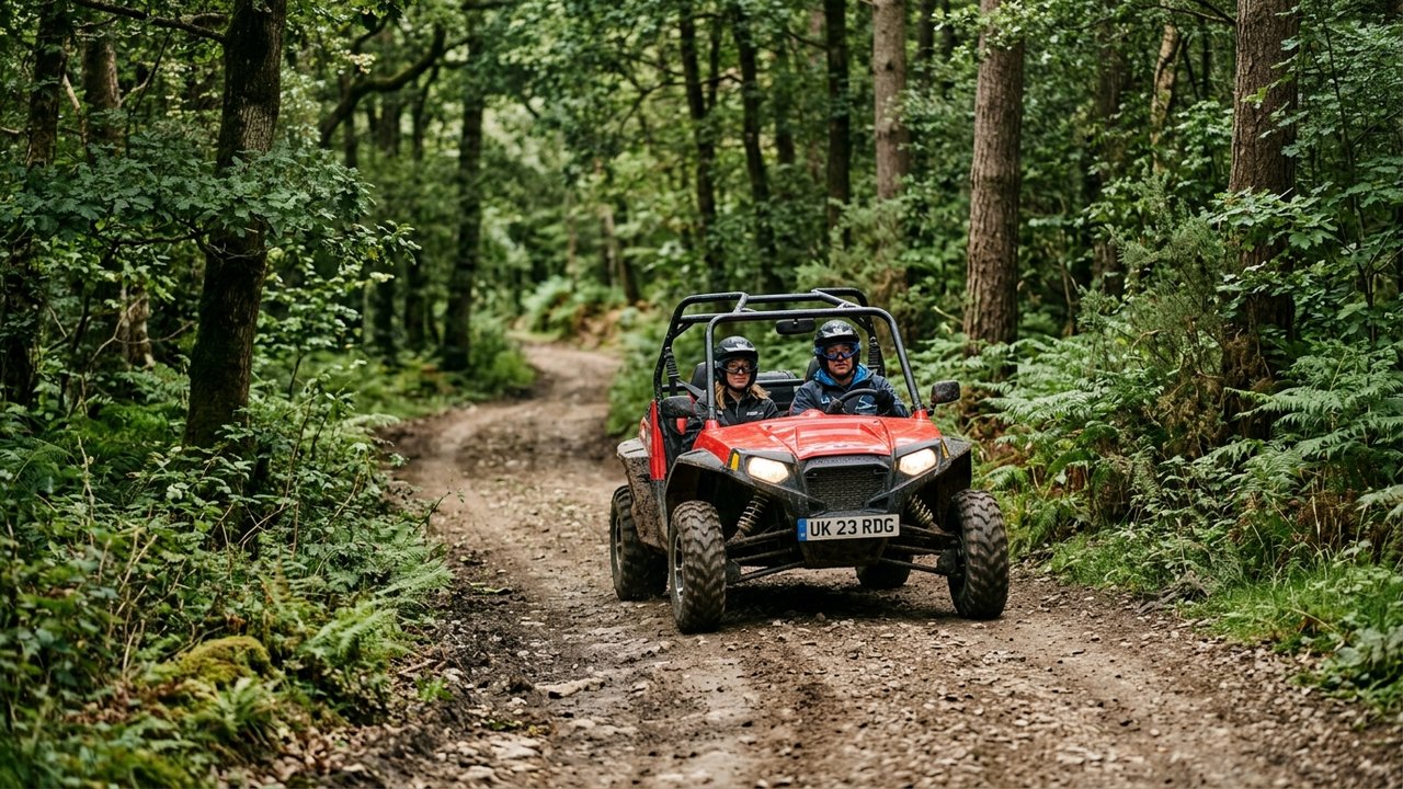 Buggy homologué route circulant sur un sentier forestier