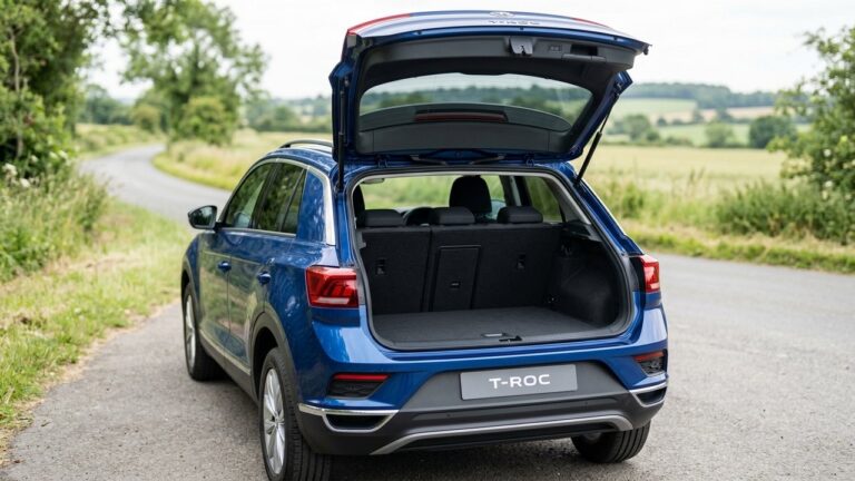 Coffre ouvert du Volkswagen T-Roc montrant le volume de chargement