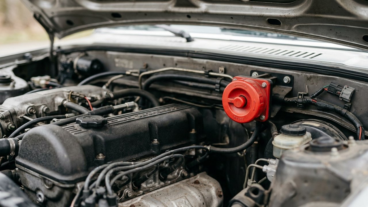 Bouton rouge du contacteur à inertie sous le capot d'une voiture