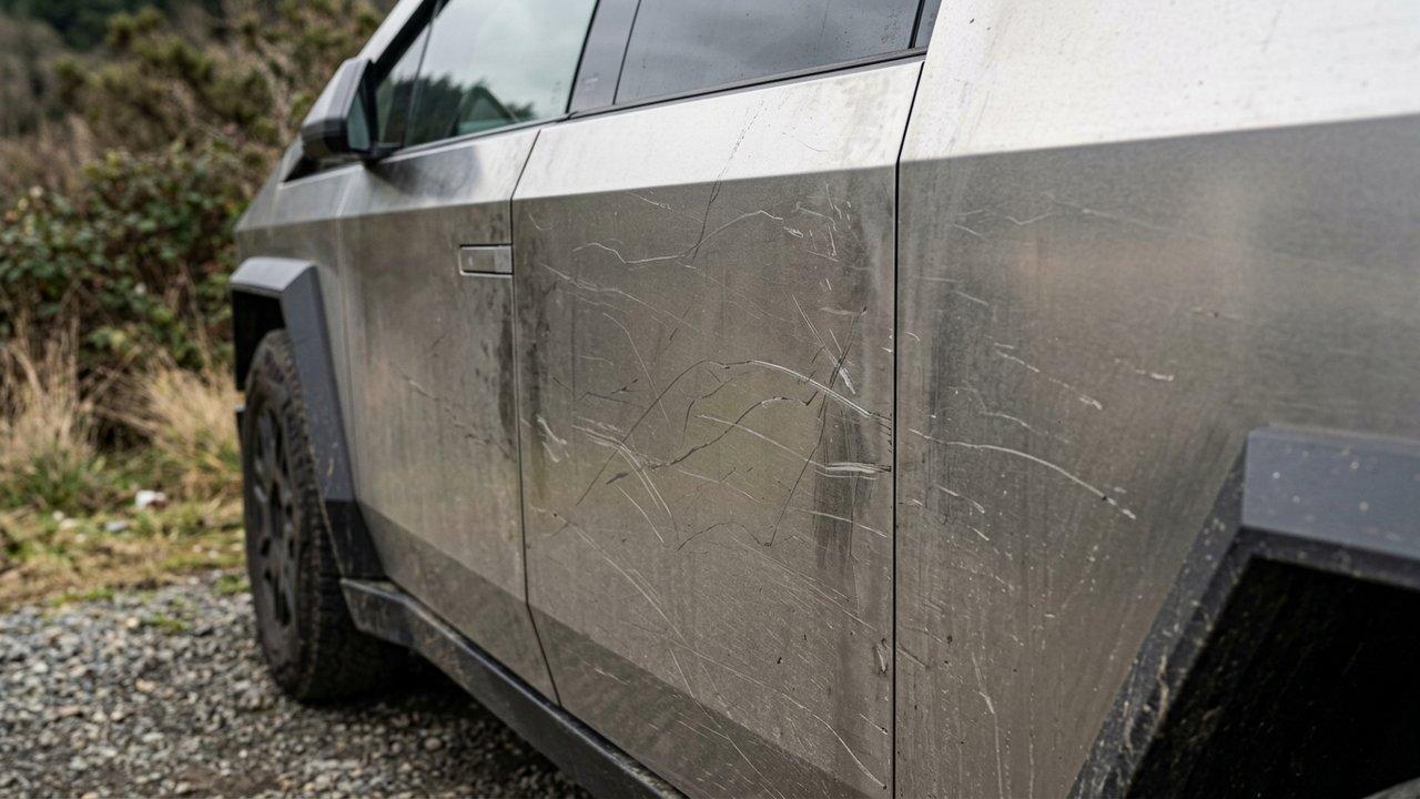Détail de la carrosserie en acier inoxydable du Cybertruck avec traces d'usure