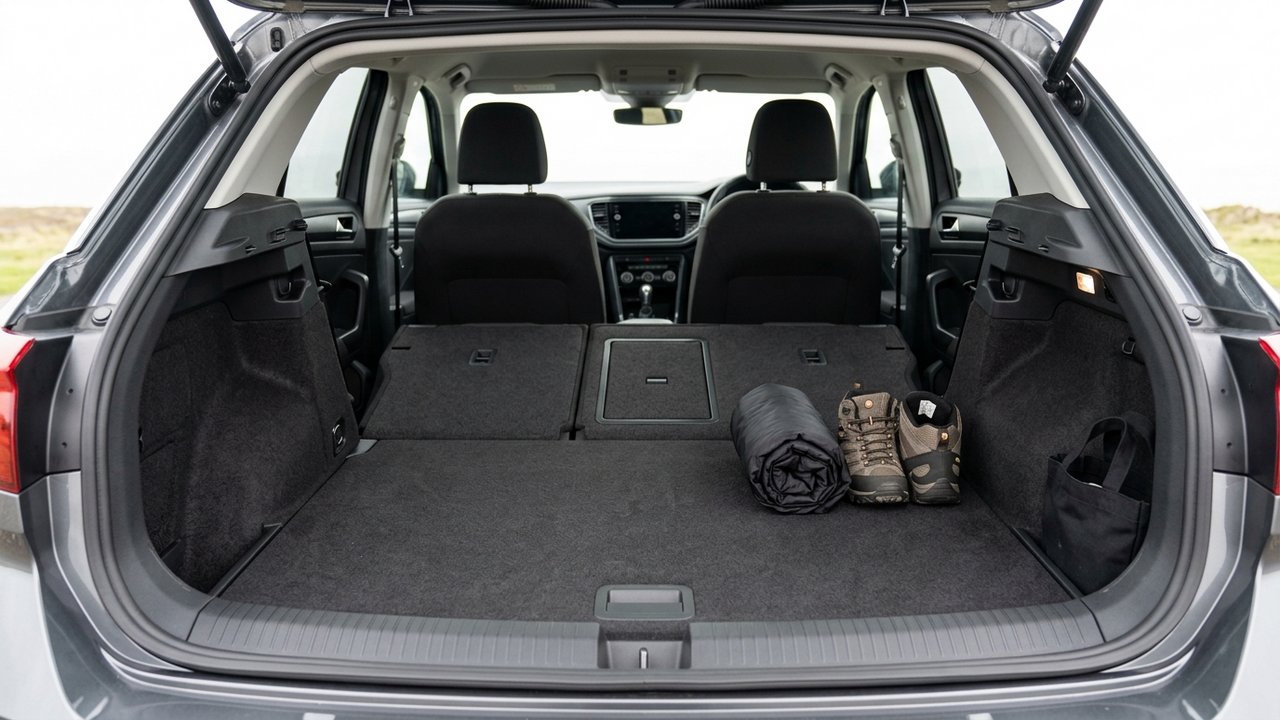 Intérieur du coffre du T-Roc avec plancher réglable et banquette rabattue