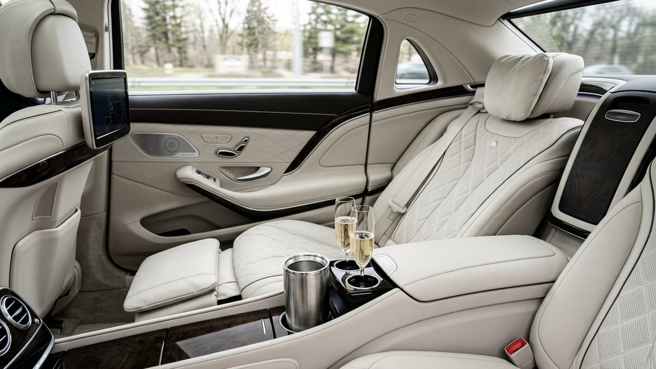 Habitacle Mercedes-Maybach avec ensemble fauteuils présidents et flûtes à champagne