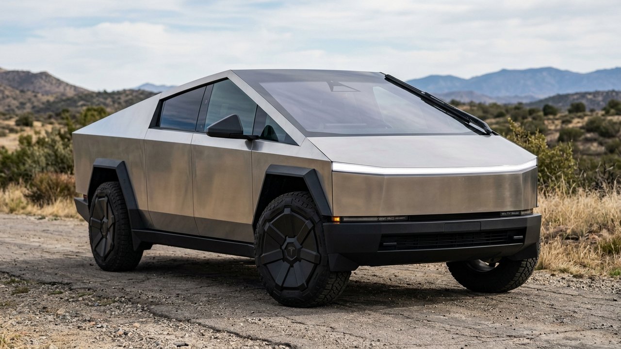 Le Tesla Cybertruck avec sa carrosserie angulaire en acier inoxydable