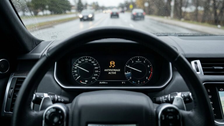 Tableau de bord d'une voiture affichant le message antipatinage activé