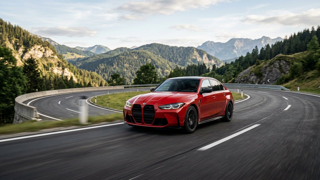 BMW M3 G80 M xDrive en action sur route sinueuse